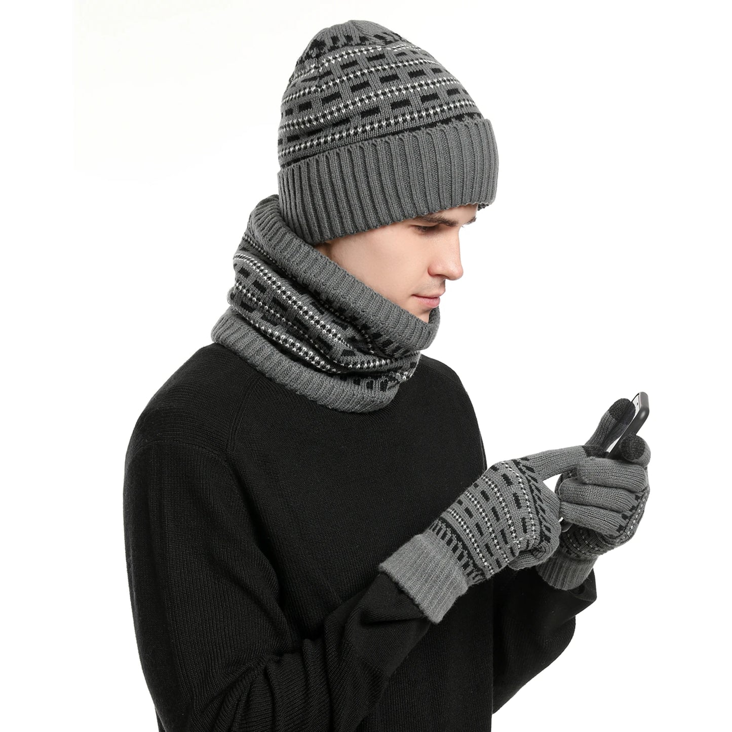 Unisex Winter Warm Set: Wool Beanie, Fleece-Lined Scarf & Touchscreen Gloves