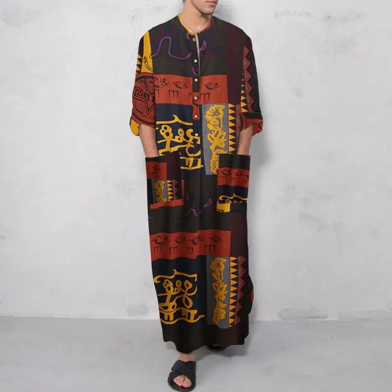 **Title:**  
Long Sleeve Cotton Striped Kaftan Robe - Summer Abaya Suit