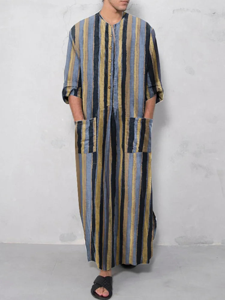 **Title:**  
Long Sleeve Cotton Striped Kaftan Robe - Summer Abaya Suit