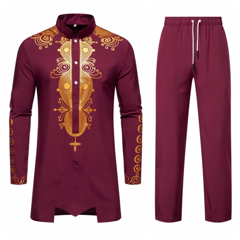 **Title:**  
New Personality Men's Long Sleeve Shirt Set - Leisure Dinner Print Design Robe