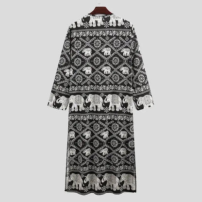 Men's Long Sleeve Striped Kaftan Robe | Lightweight Broadcloth