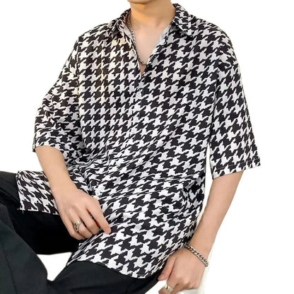 Oversized Houndstooth Casual Camp Collar Shirt