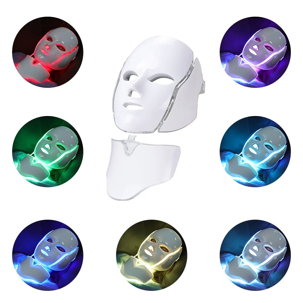 7-Color LED Facial Mask with Neck Light for Skin Rejuvenation, Acne Treatment, and Face Lifting.