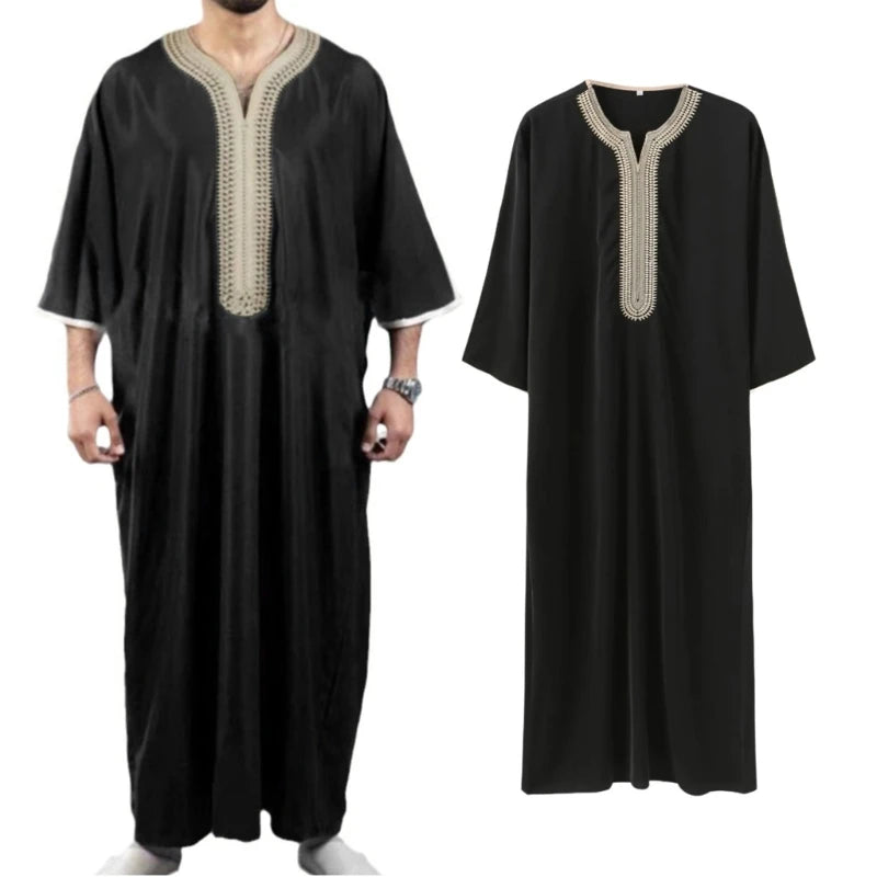 **Title:**  
Men's Long Sleeve Neck Middle Kaftan Thobe - Ethnic Gown

**Description:**  
This elegant men's kaftan thobe features a neck middle design and long sleeves, offering a sophisticated take on ethnic clothing. Perfe