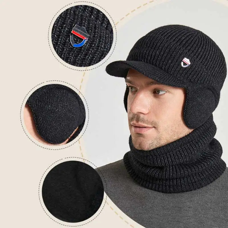 2PCS Men's Knit Hat and Scarf Set – Striped, Fleece-Lined, Windproof Winter Hat with Earmuffs