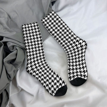 Modern Black & White Houndstooth Crew Socks for Men & Women