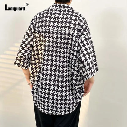 Oversized Houndstooth Casual Camp Collar Shirt