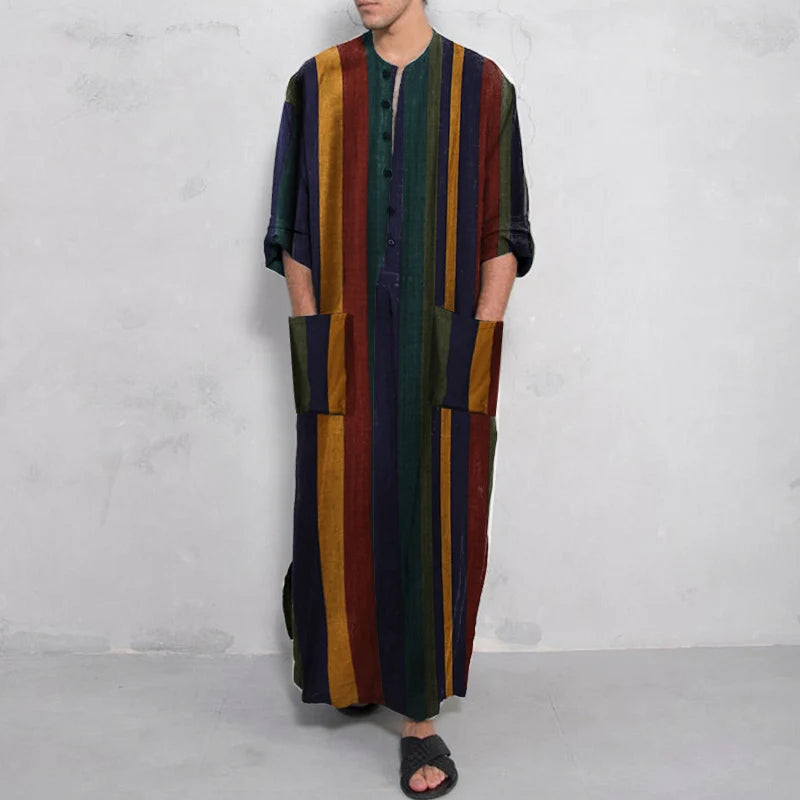 **Title:**  
Long Sleeve Cotton Striped Kaftan Robe - Summer Abaya Suit