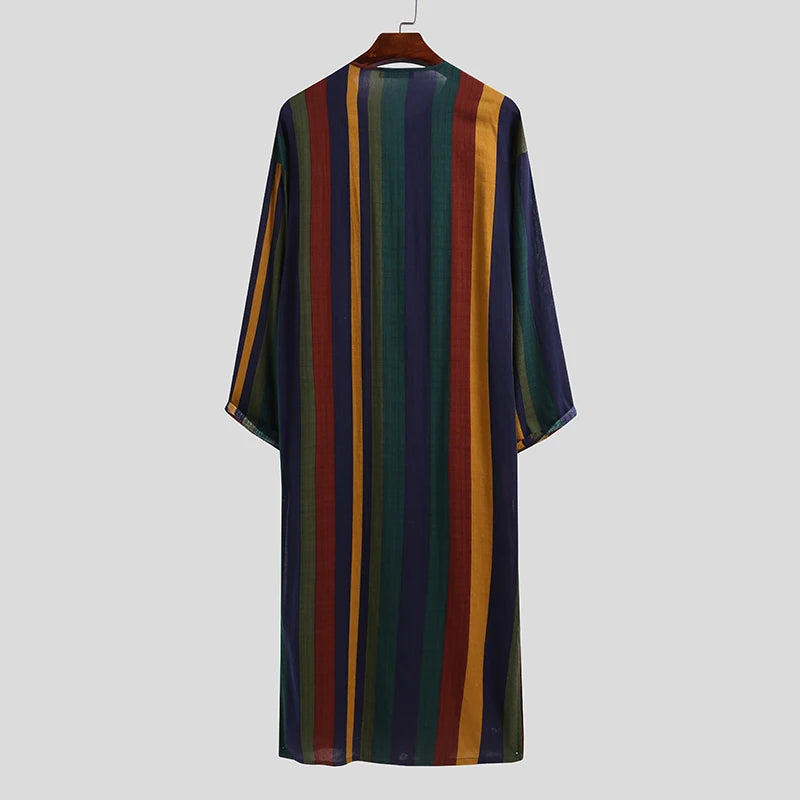 **Title:**  
Long Sleeve Cotton Striped Kaftan Robe - Summer Abaya Suit