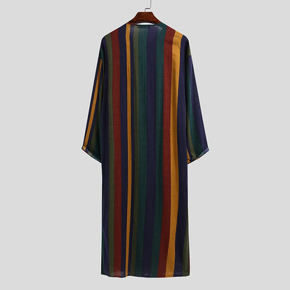 Men's Long Sleeve Striped Kaftan Robe | Lightweight Broadcloth
