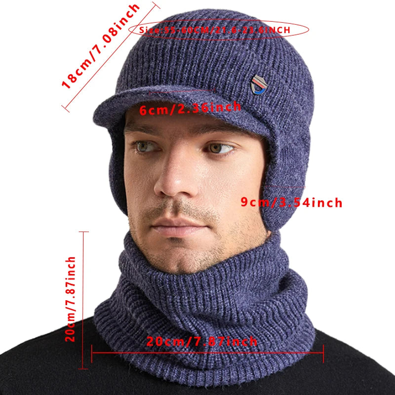 2PCS Men's Knit Hat and Scarf Set – Striped, Fleece-Lined, Windproof Winter Hat with Earmuffs