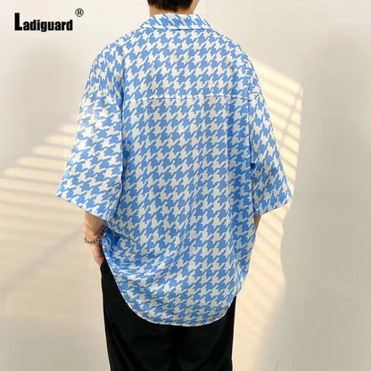Oversized Houndstooth Casual Camp Collar Shirt