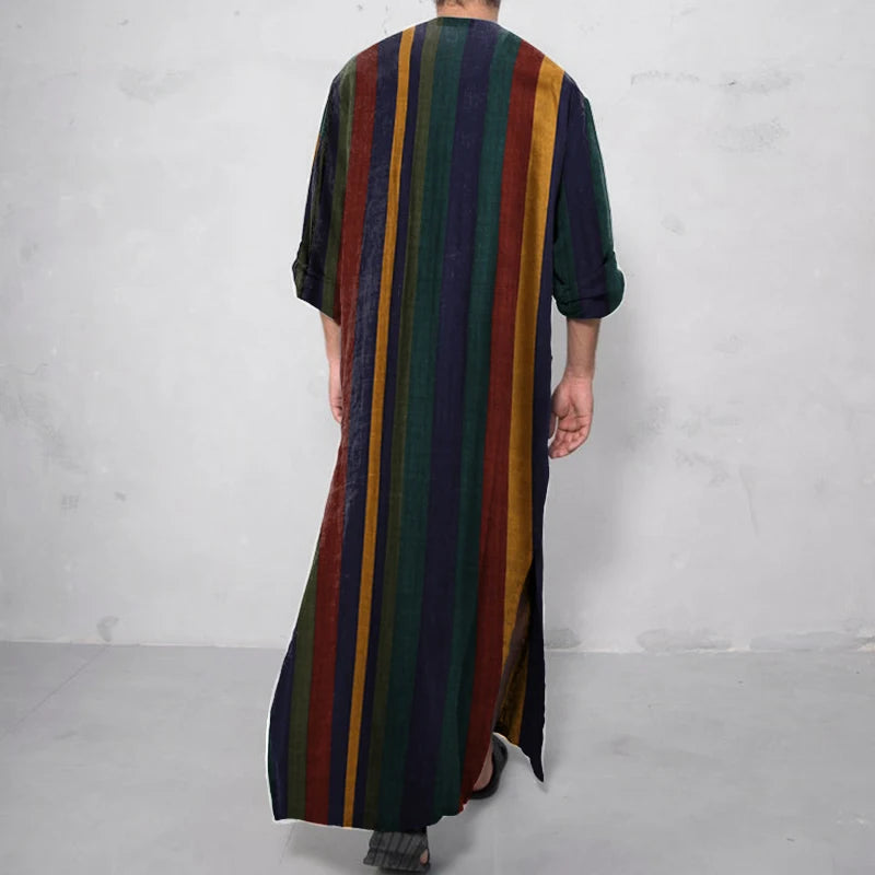 **Title:**  
Long Sleeve Cotton Striped Kaftan Robe - Summer Abaya Suit