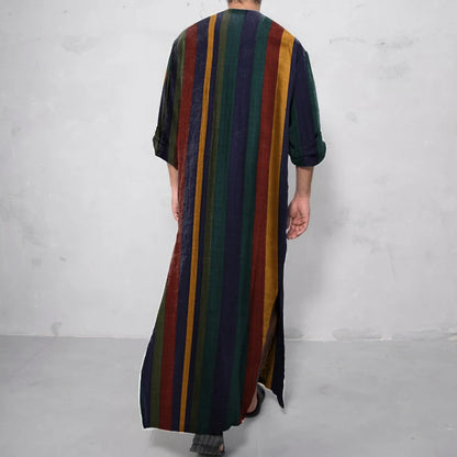 Men's Long Sleeve Striped Kaftan Robe | Lightweight Broadcloth