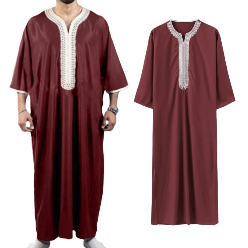 **Title:**  
Men's Long Sleeve Neck Middle Kaftan Thobe - Ethnic Gown

**Description:**  
This elegant men's kaftan thobe features a neck middle design and long sleeves, offering a sophisticated take on ethnic clothing. Perfe