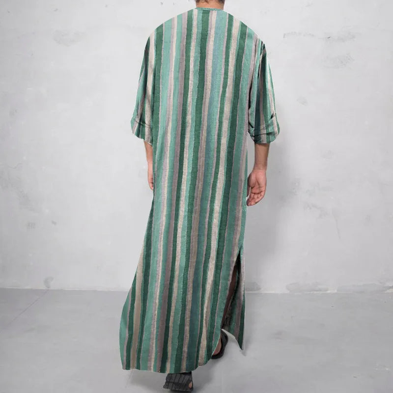 **Title:**  
Long Sleeve Cotton Striped Kaftan Robe - Summer Abaya Suit