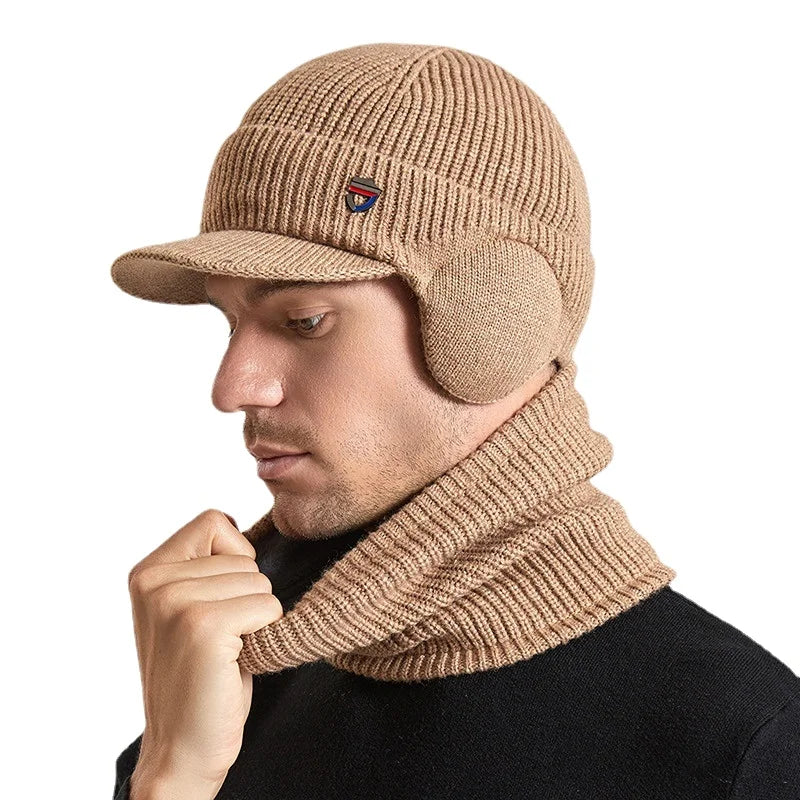 2PCS Men's Knit Hat and Scarf Set – Striped, Fleece-Lined, Windproof Winter Hat with Earmuffs