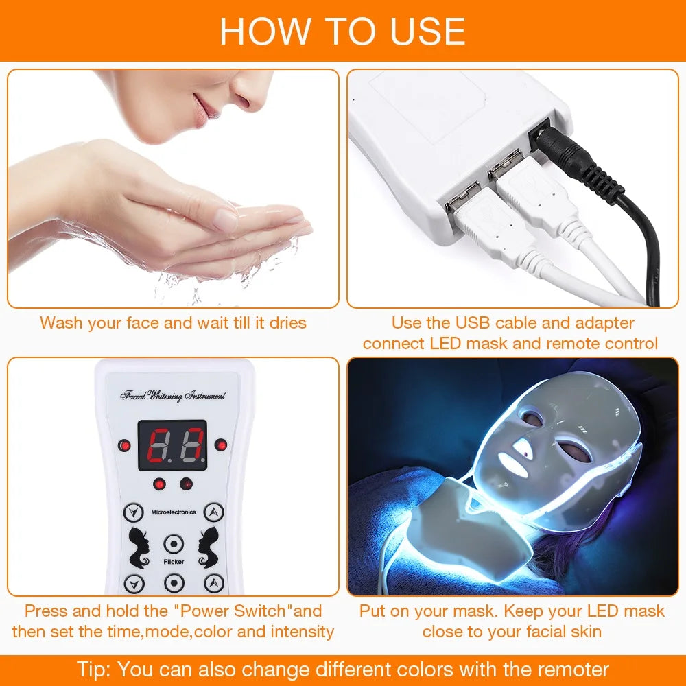 7-Color LED Facial Mask with Neck Light for Skin Rejuvenation, Acne Treatment, and Face Lifting.