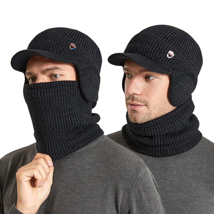 Men's Winter 2-Piece Knit Hat & Neck Warmer Set | Fleece-Lined Windproof Earflap Cap