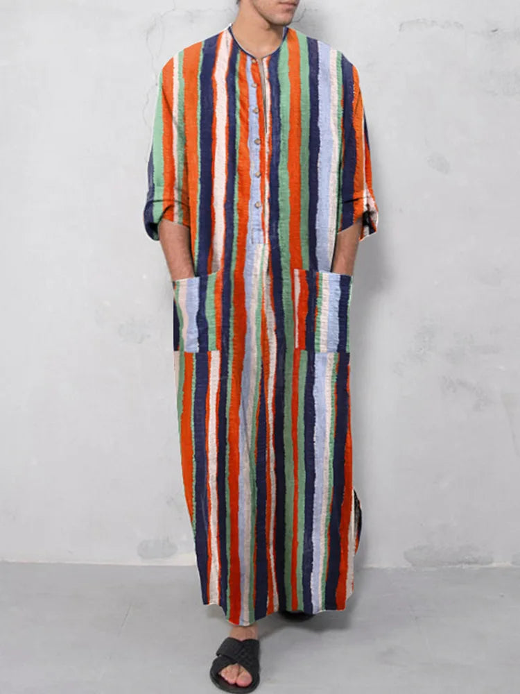 **Title:**  
Long Sleeve Cotton Striped Kaftan Robe - Summer Abaya Suit