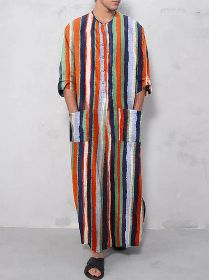Men's Long Sleeve Striped Kaftan Robe | Lightweight Broadcloth