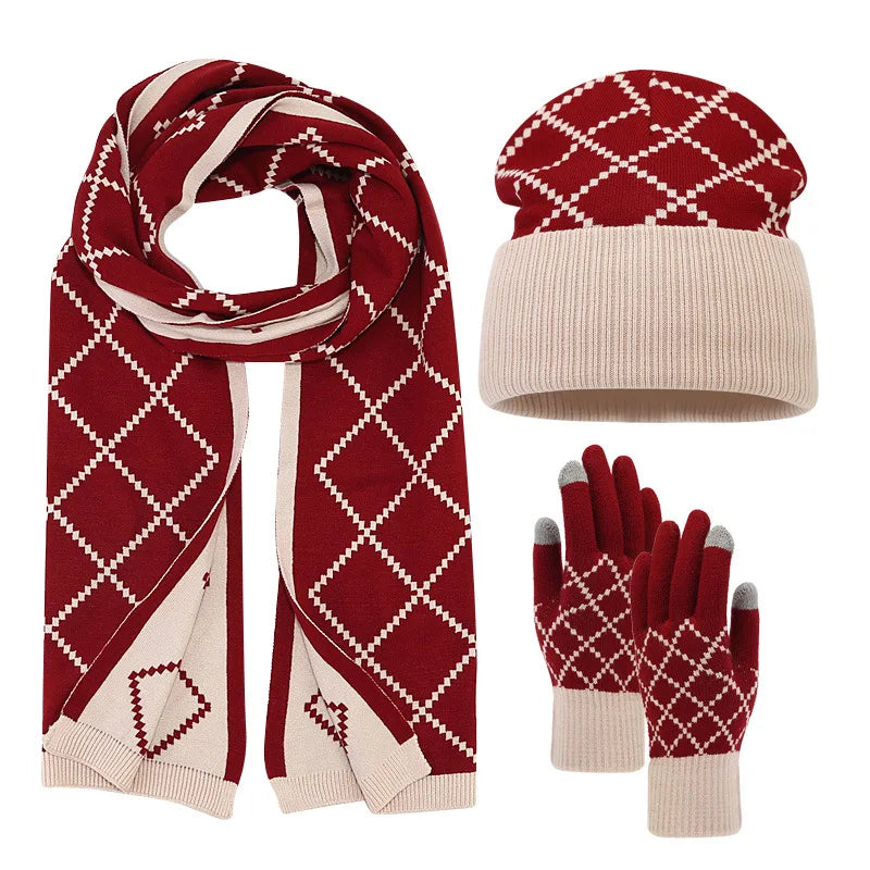 New 2024 Autumn Winter Unisex Wool Hat, Scarf & Gloves 3-Piece Set – Outdoor Plaid Wool Knitted Hat, Neck Warmer, and Gloves