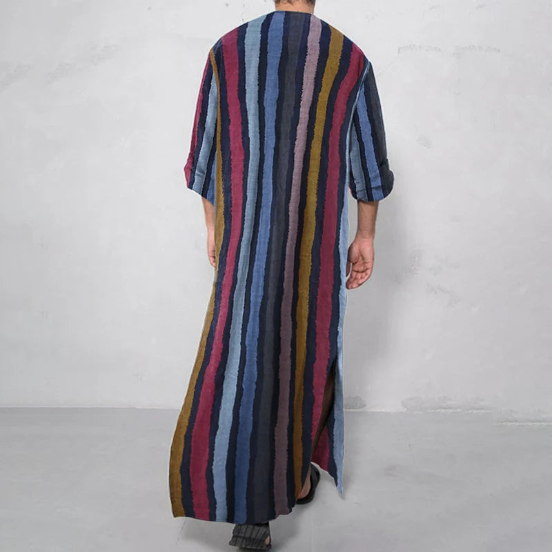 **Title:**  
Long Sleeve Cotton Striped Kaftan Robe - Summer Abaya Suit