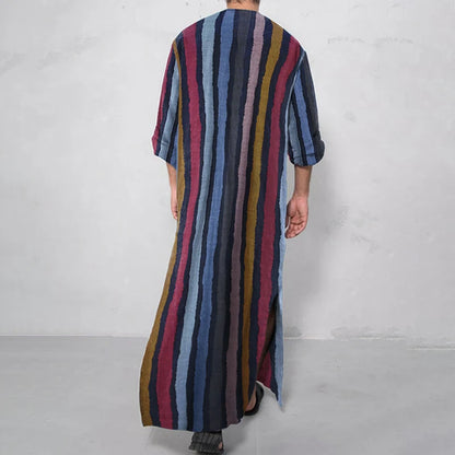 Men's Long Sleeve Striped Kaftan Robe | Lightweight Broadcloth