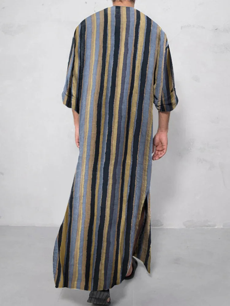 **Title:**  
Long Sleeve Cotton Striped Kaftan Robe - Summer Abaya Suit