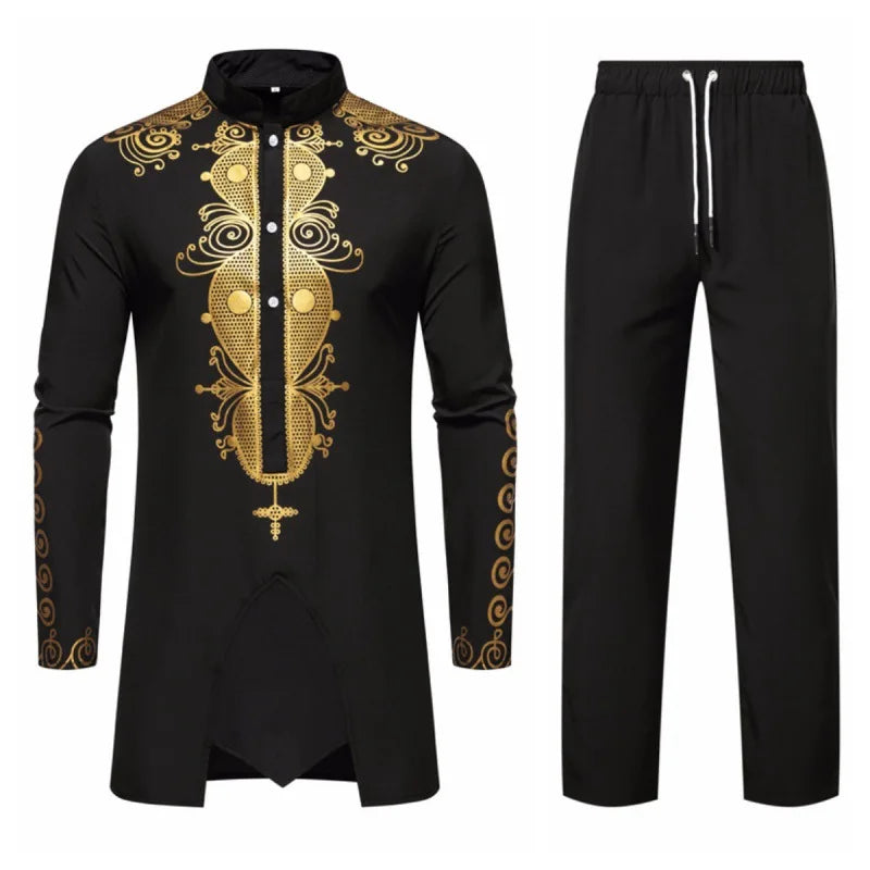 **Title:**  
New Personality Men's Long Sleeve Shirt Set - Leisure Dinner Print Design Robe