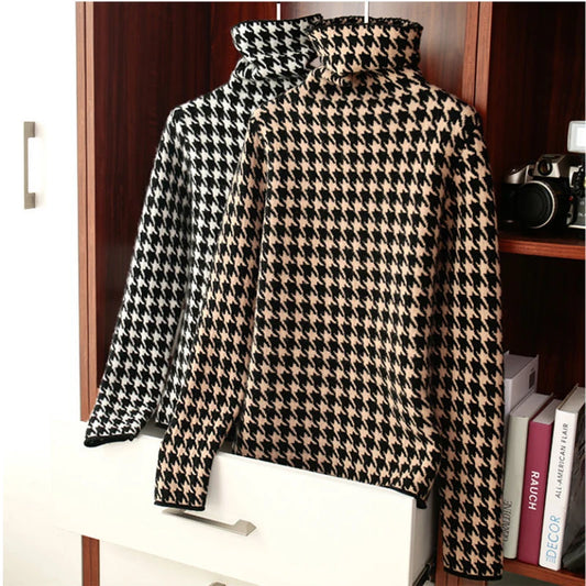 Houndstooth Plaid Turtleneck Sweater – Vintage Soft Knit Unisex Fashion
