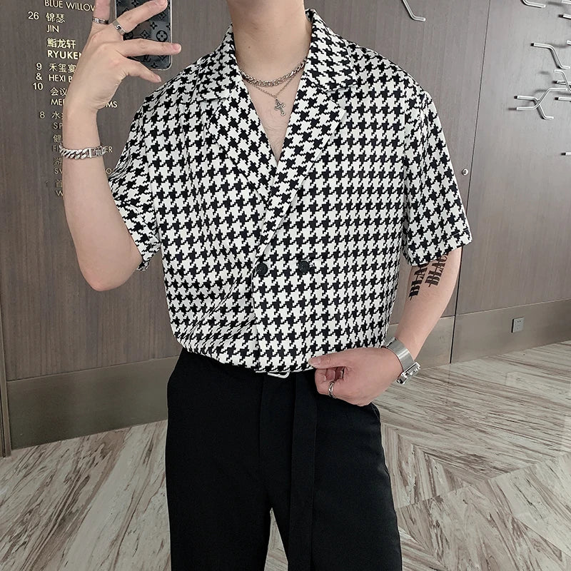 **Title:**  
Men's Unisex British Style Houndstooth V-Neck Shirt