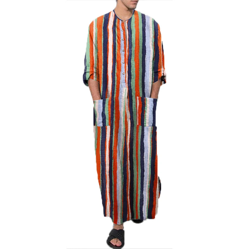 **Title:**  
Long Sleeve Cotton Striped Kaftan Robe - Summer Abaya Suit