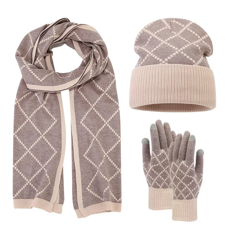 New 2024 Autumn Winter Unisex Wool Hat, Scarf & Gloves 3-Piece Set – Outdoor Plaid Wool Knitted Hat, Neck Warmer, and Gloves