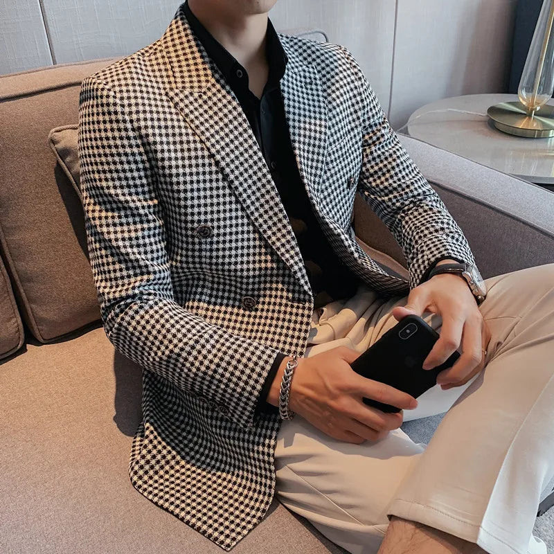 **Title:**  
Men's British Style Slim Fit Houndstooth Blazer