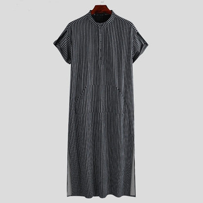Men's Black & White Striped Jubba Kaftan | Summer Robe