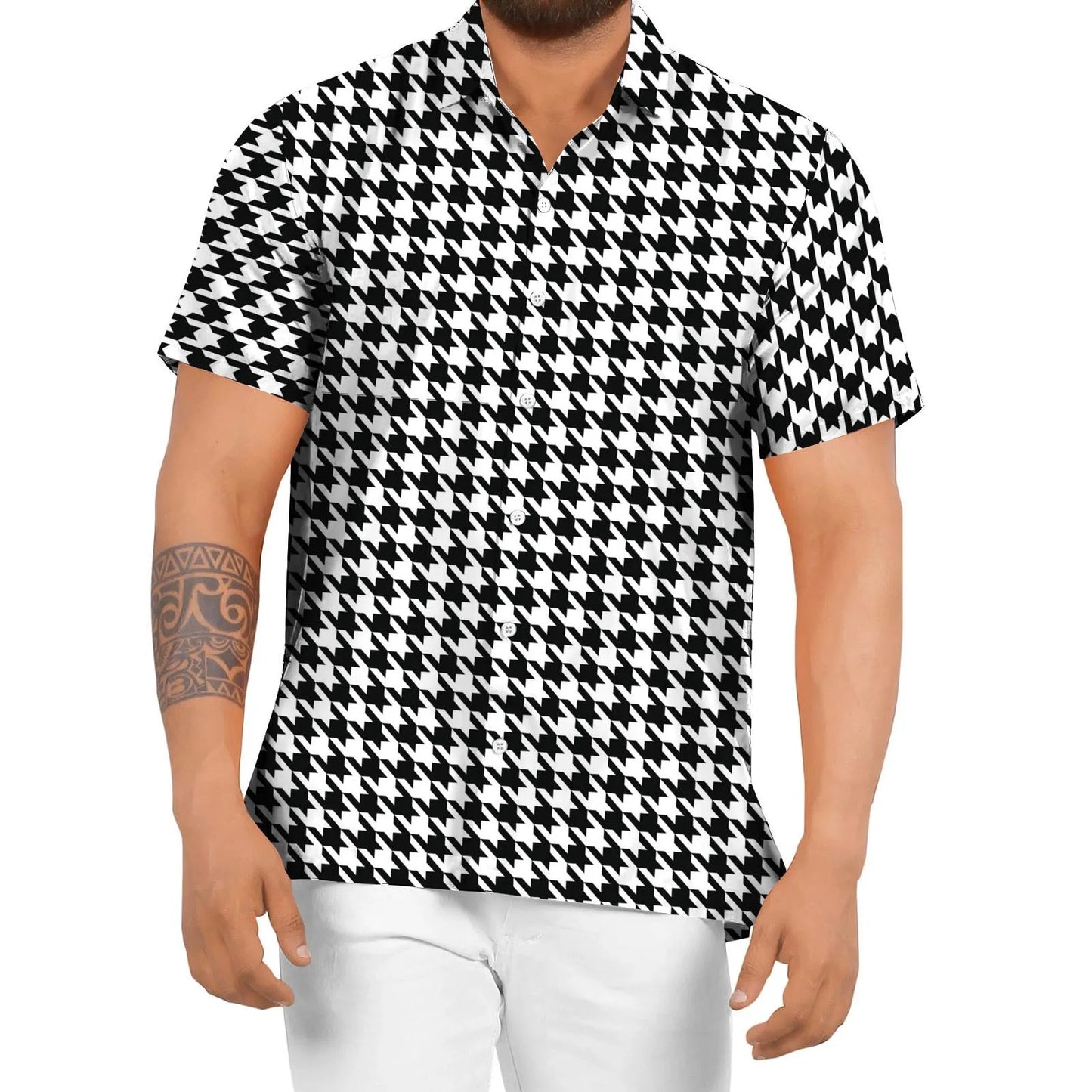 **Title:**  
Men's Houndstooth Print Summer Shirt with Turn-Down Collar