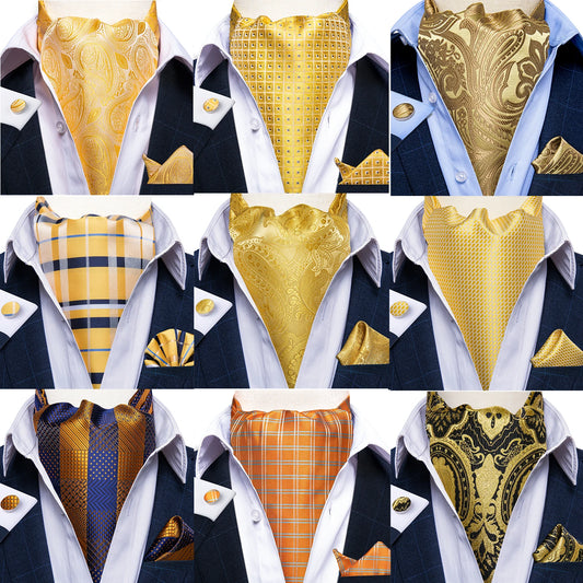 DiBanGu Jacquard Cravat 3pc Set Yellow Paisley Woven Ascot Tie Cufflinks Pocket Square Men's Fashion Casual Scarves Accessories