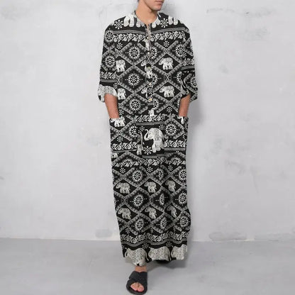 Men's Long Sleeve Striped Kaftan Robe | Lightweight Broadcloth
