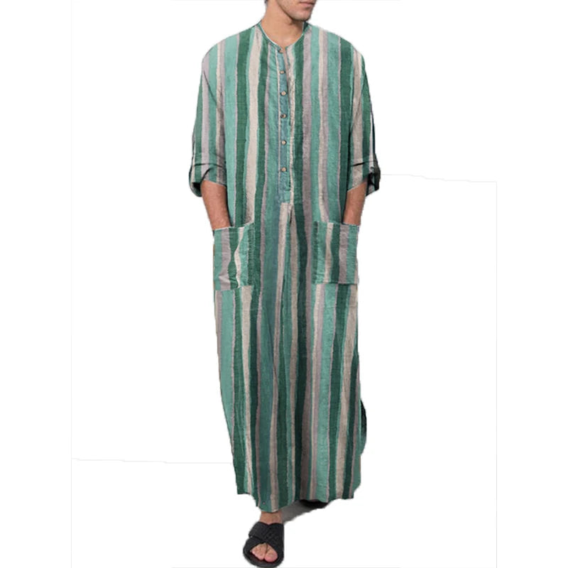 **Title:**  
Long Sleeve Cotton Striped Kaftan Robe - Summer Abaya Suit